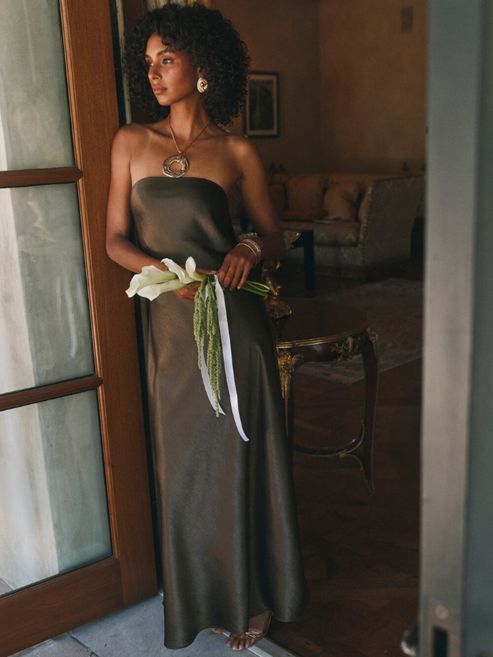 12th Tribe Brown Satin Strapless Dress